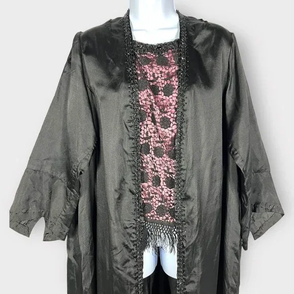 Antique Victorian Fortune Teller Topper Dress Top Black Satin Beaded & Tassels - Picture 2 of 16